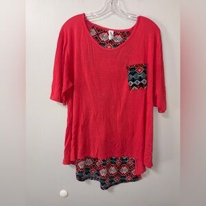 Discreet Coral Aztec Tribal High Low Blouse Pocket Accent Boho Women’s 2X Chic